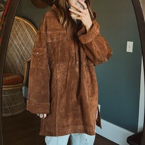 Vintage Together brown Suede Leather hooded long Women’s Jacket sz large